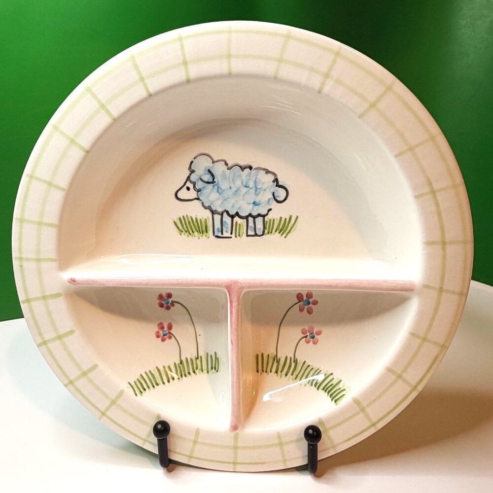 The Mane Lion Child Divided Plate Lamb Flowers Green Pink 8" Made in Italy 1980s